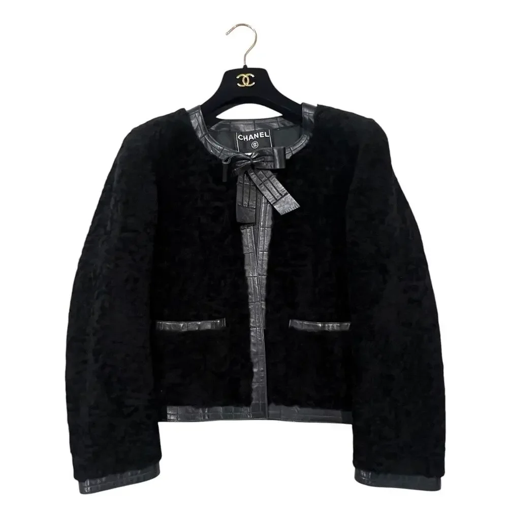 Chanel 2003 Lambskin Leather Bow Cropped Jacket Black Size 42